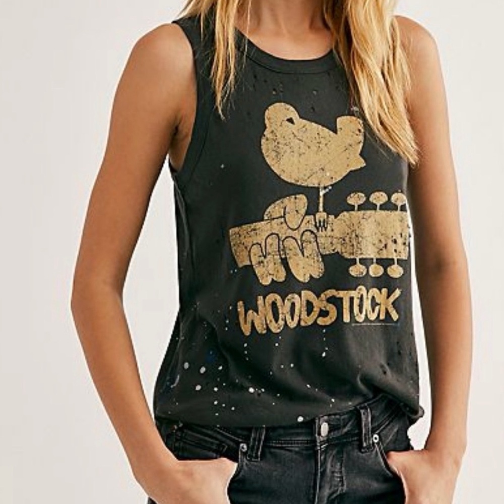 Free People Black Tank Top with Gold Woodstock Graphic